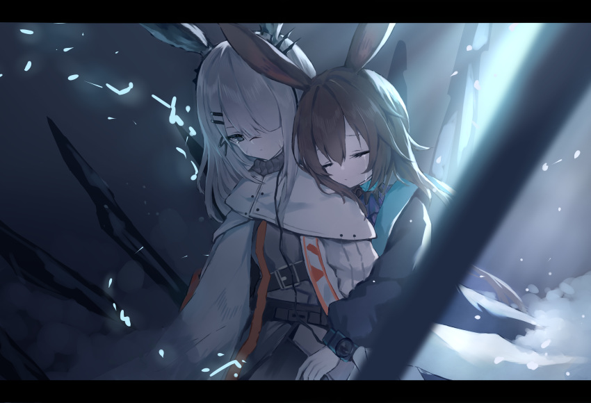 2girls absurdres amiya_(arknights) animal_ears arknights ascot black_jacket brown_hair closed_eyes facial_scar frilled_ascot frills frostnova_(arknights) hair_between_eyes highres hood hood_down hooded_jacket jacket jewelry multiple_girls neck_ring nose_scar open_clothes open_jacket rabbit_ears riinougat ring_hair_ornament scar sidelocks white_hair