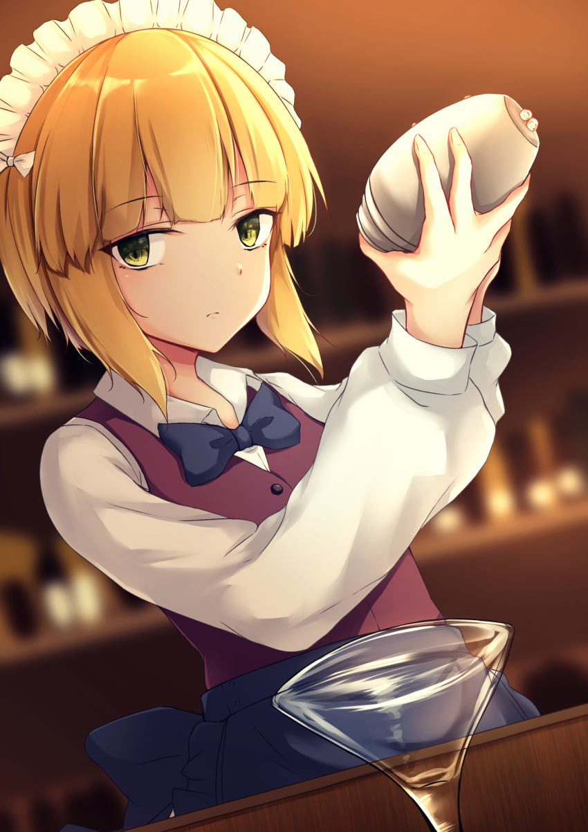 1girl apron bangs bartender blonde_hair blue_apron blue_neckwear blurry blurry_background bow bowtie brown_vest closed_mouth cocktail_glass cocktail_shaker commentary_request cup cutlass_(girls_und_panzer) depth_of_field drinking_glass eyebrows_visible_through_hair frilled_apron frills girls_und_panzer hair_bow hands_up highres holding indoors kashiwagi_yamine long_sleeves maid_headdress shirt solo vest white_bow white_shirt yellow_eyes