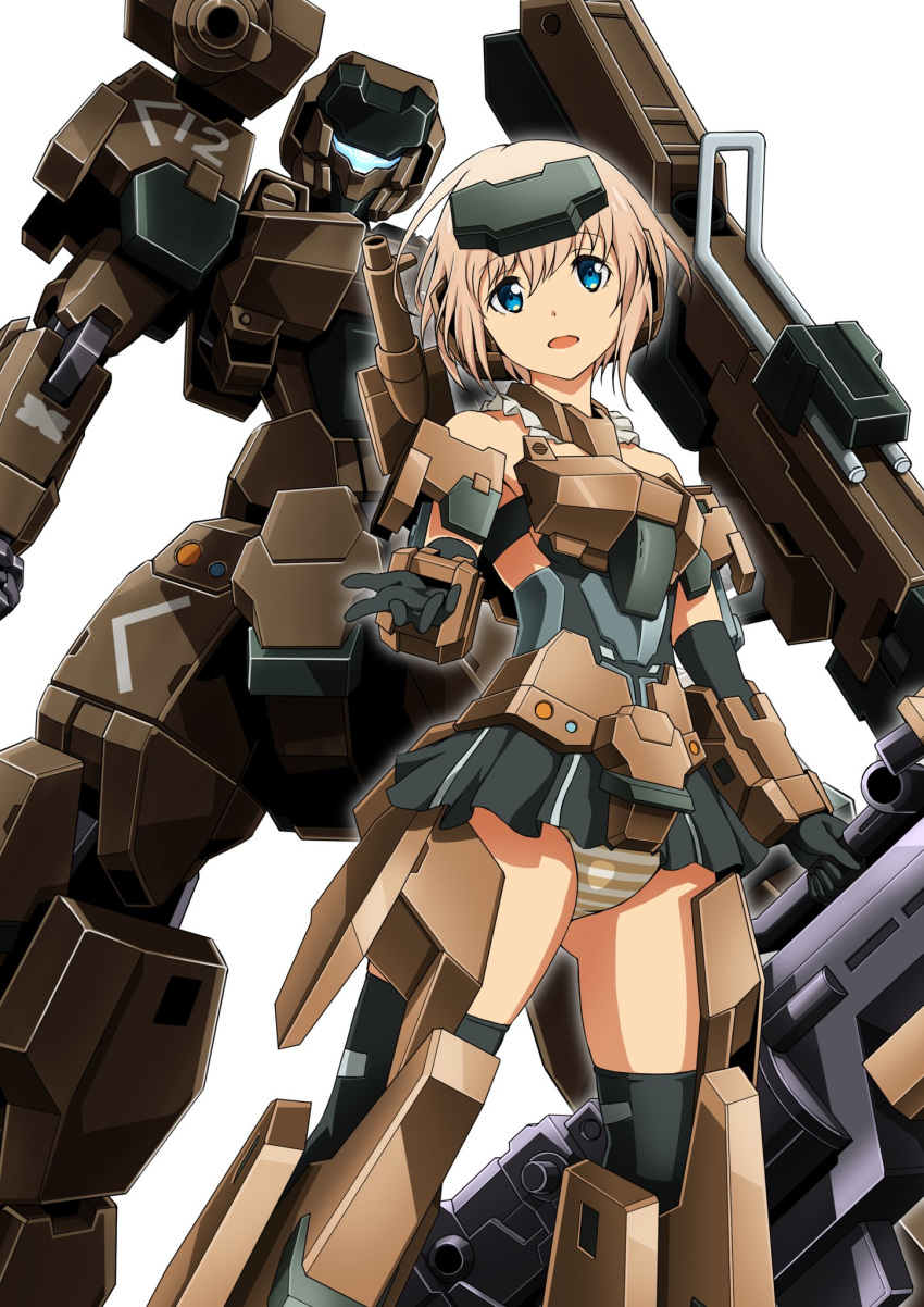 1girl bare_shoulders black_gloves black_legwear blue_eyes commentary_request elbow_gloves frame_arms frame_arms_girl gloves goggles goggles_on_head gourai gourai_(frame_arms) gun headgear highres kumichou_(ef65-1118-ef81-95) light_brown_hair looking_at_viewer mecha mecha_musume open_mouth panties short_hair shoulder_cannon striped striped_panties thigh-highs underwear weapon white_background