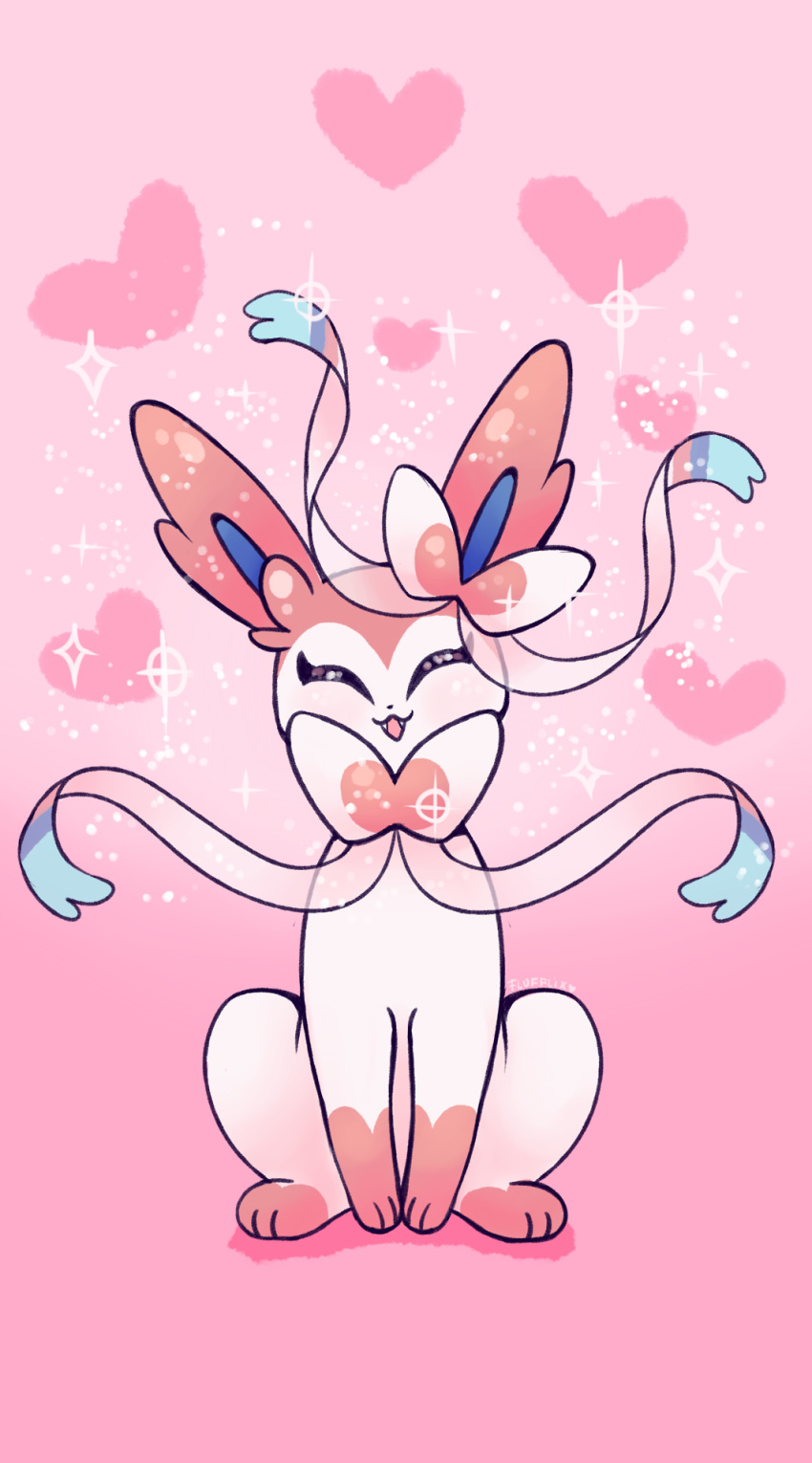 ^_^ closed_eyes commentary creature english_commentary facing_viewer fangs flufflixx full_body gen_6_pokemon heart heart_background highres no_humans open_mouth phone_wallpaper pink_background pokemon pokemon_(creature) shadow simple_background solo sylveon