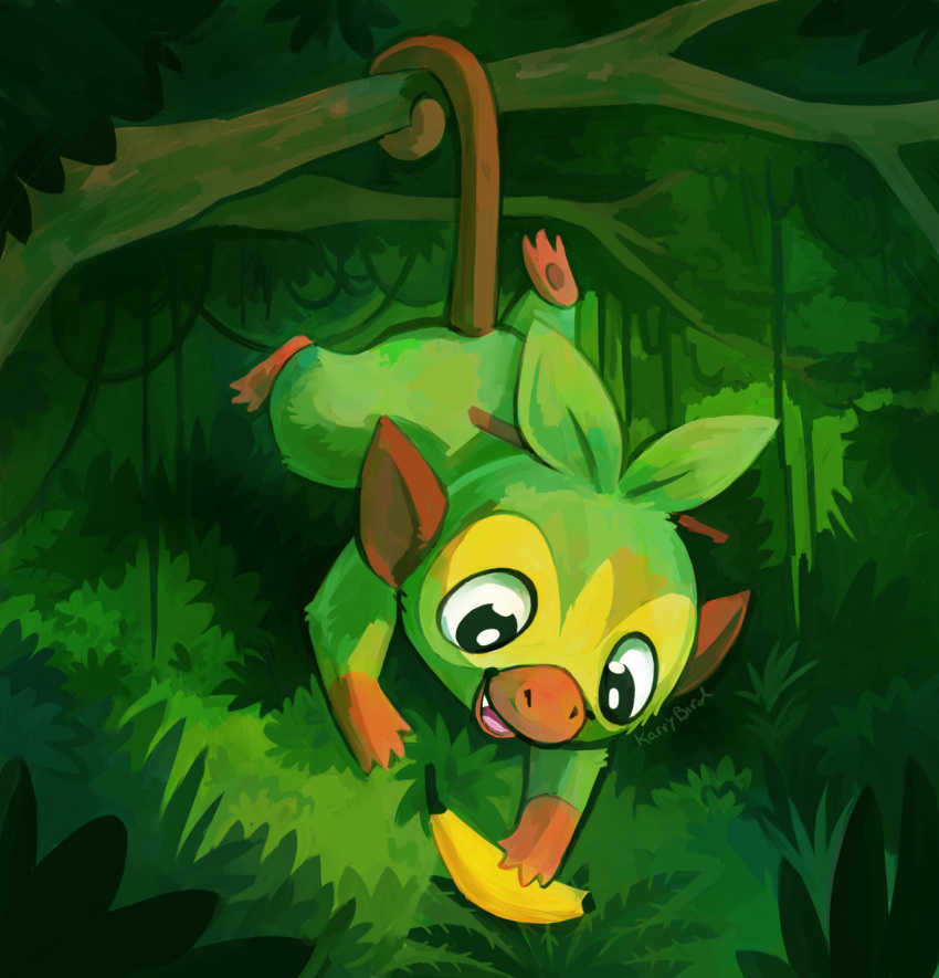 :d banana bush creature food forest fruit full_body gen_8_pokemon grookey happy highres holding holding_food holding_fruit karrybird monkey nature no_humans open_mouth outdoors plant pokemon pokemon_(creature) signature smile solo tree vines