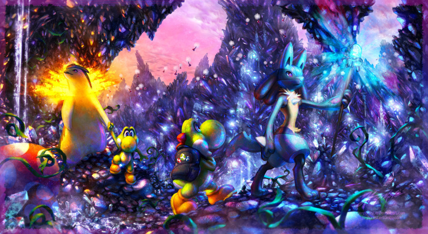 cave clouds cloudy_sky commentary commission creature crossover english_commentary full_body gen_2_pokemon gen_4_pokemon holding ja-punkster lucario super_mario_bros. mushroom no_humans pokemon pokemon_(creature) purple_sky sky typhlosion walking yoshi