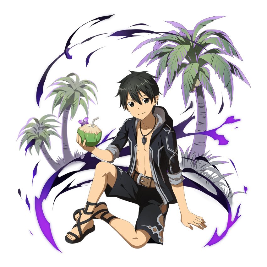 1boy arm_support belt belt_buckle black_eyes black_hair black_jacket black_shorts brown_belt buckle closed_mouth collarbone drinking_straw full_body hair_between_eyes highres holding hood hood_down hooded_jacket jacket jewelry kirito_(sao-alo) looking_at_viewer male_focus necklace official_art open_clothes open_jacket palm_tree pointy_ears shiny shiny_hair shorts sitting smile solo sword_art_online transparent_background tree