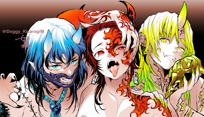 3boys agatsuma_zenitsu animal_skull aqua_eyes arm_tattoo bangs black_nails blonde_hair blue_eyes blue_hair chest claw_pose claws ear_piercing earrings facial_mark facial_scar fang fang_out fangs fangs_out forehead_mark forehead_scar gradient gradient_background green_hair green_nails grin hair_slicked_back hanafuda hand_on_own_head hashibira_inosuke head_tilt highres holding horn horns jewelry kamado_tanjirou kimetsu_no_yaiba kisaragi_mizu long_hair looking_at_viewer male_focus mask medium_hair monsterification multiple_boys necklace nipples oni oni_horns open_mouth piercing pointy_ears portrait red_eyes redhead scar shirtless shoulder_tattoo side-by-side slit_pupils smile stitches tattoo tongue tongue_out yellow_eyes