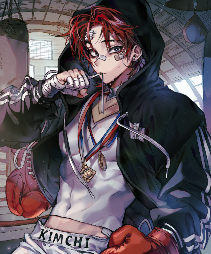 1boy absurdres bandaged_hands bandages bandaid bandaid_on_face blue_eyes boxer boxing_gloves closed_mouth covered_navel earrings facial_scar highres hood hood_up indoors jewelry male_focus medal muscle original panza punching_bag redhead scar single_earring solo sweat
