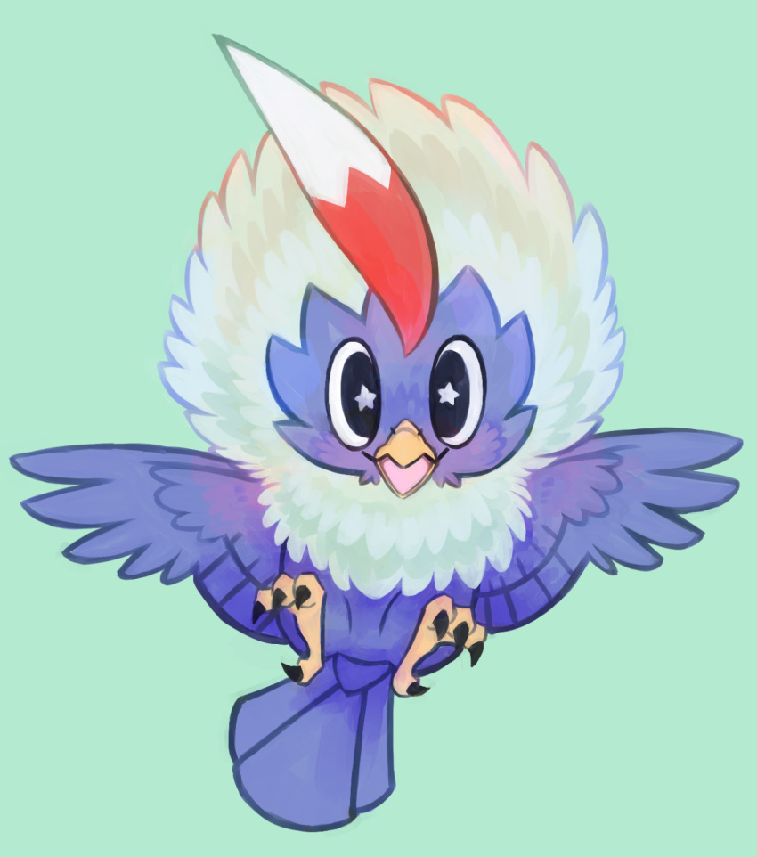 :d bird bird_focus black_eyes claws commentary creature english_commentary flying full_body gen_5_pokemon green_background happy highres karrybird looking_at_viewer no_humans open_mouth pokemon pokemon_(creature) rufflet simple_background smile solo star star-shaped_pupils symbol-shaped_pupils