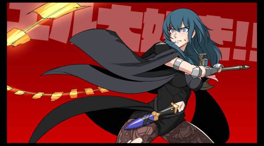 1girl arm_guards attack bleeding blood blue_hair byleth_(fire_emblem) byleth_eisner_(female) dagger fire_emblem fire_emblem:_three_houses mikoyan navel_cutout red_background serious short_shorts shorts simple_background solo sword_of_the_creator translation_request weapon