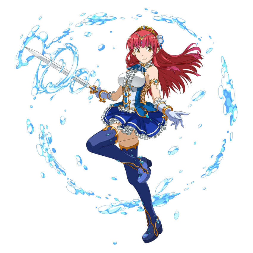 1girl armlet bangs blue_footwear blue_skirt boots bracelet breasts brown_eyes closed_mouth diadem floating_hair frilled_skirt frills full_body gloves highres holding holding_sword holding_weapon jewelry long_hair looking_to_the_side medium_breasts miniskirt official_art pleated_skirt pointy_ears rain_(sao) redhead skirt sleeveless smile solo standing standing_on_one_leg sword sword_art_online thigh-highs thigh_boots transparent_background very_long_hair weapon white_gloves zettai_ryouiki