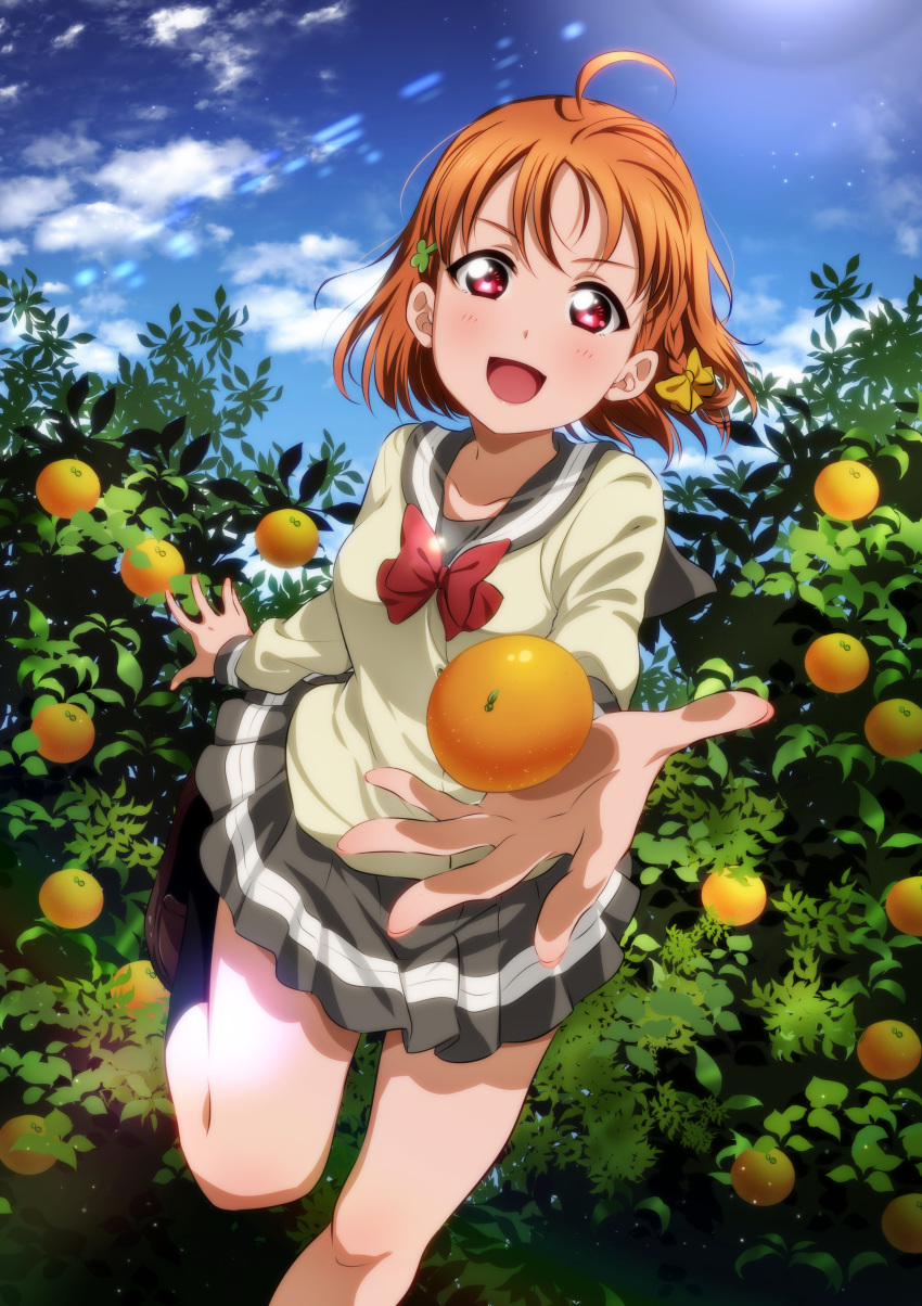 1girl :d absurdres ahoge beige_sweater black_legwear blue_sky bow braid bush clouds clover_hair_ornament commentary_request day food foot_out_of_frame foreshortening fruit fruit_tree grey_skirt hair_ornament highres incoming_food kougi_hiroshi lens_flare loafers looking_at_viewer love_live! love_live!_sunshine!! open_mouth orange orange_hair outdoors pleated_skirt reaching_out red_eyes red_neckwear ribbon school_uniform serafuku shoes short_hair side_braid skirt sky smile socks solo standing standing_on_one_leg takami_chika tree uranohoshi_school_uniform yellow_ribbon