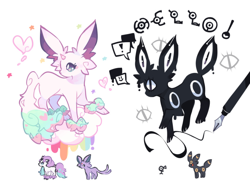 ! charamells creature drawing espeon from_side full_body fusion galarian_form galarian_ponyta gen_2_pokemon gen_8_pokemon heart horn multiple_fusions no_humans pen pokemon pokemon_(creature) profile simple_background spoken_exclamation_mark standing umbreon unicorn unown white_background