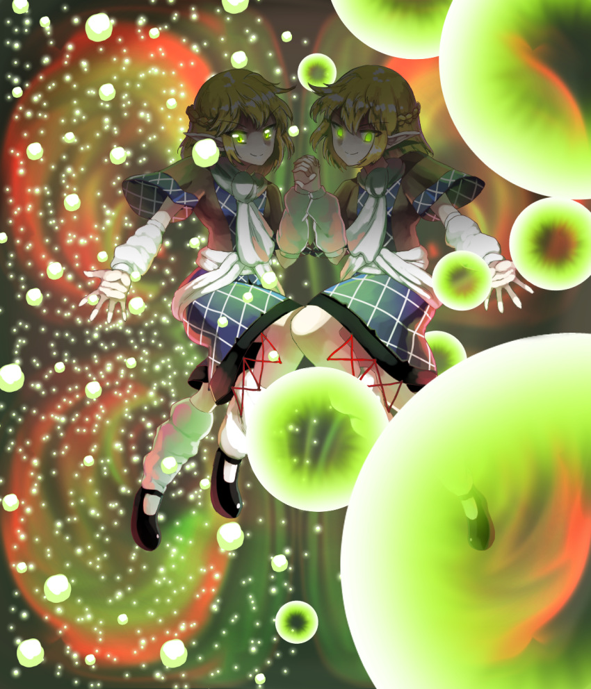 &gt;:) 2girls abstract abstract_background arm_warmers black_footwear blonde_hair braid breasts closed_mouth commentary cross danmaku dual_persona eyebrows eyebrows_visible_through_hair glowing glowing_eyes green_eyes highres holding_hands leg_warmers light_particles looking_at_viewer mary_janes mizuhashi_parsee multiple_girls open_eyes outstretched_arm pointy_ears scarf shaded_face shadow shirt shoes short_hair short_sleeves skirt small_breasts smile spell_card subterranean_animism sunyup touhou white_legwear white_scarf