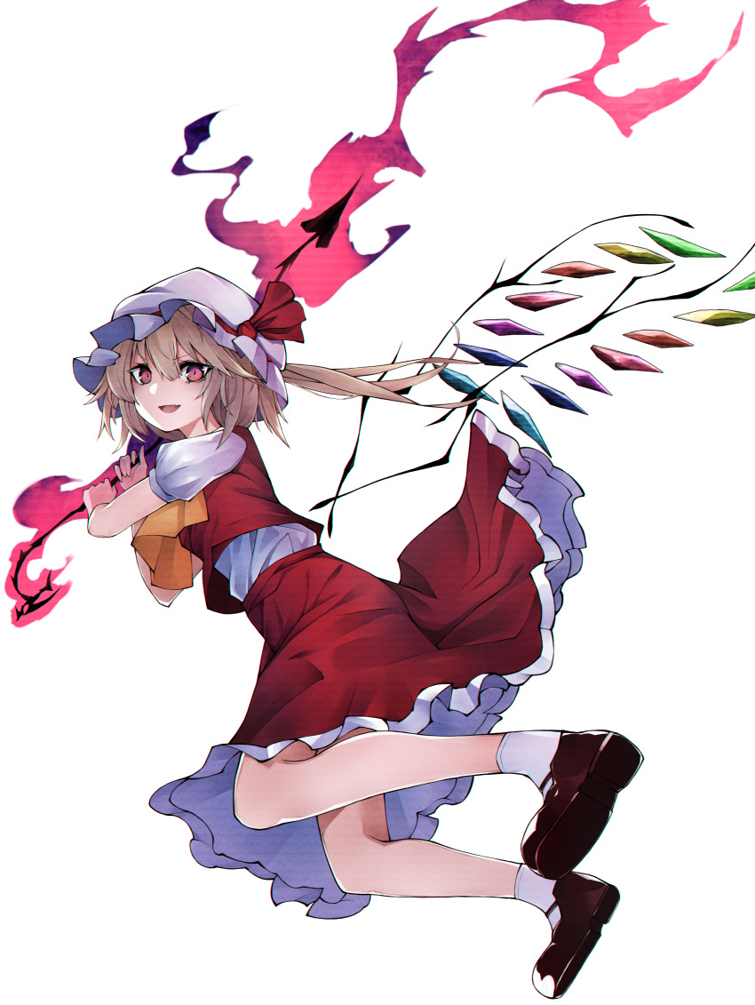absurdres ascot black_legwear blonde_hair bow crystal fire flandre_scarlet frilled_skirt frills hat highres holding holding_weapon huge_filesize laevatein looking_at_viewer medium_hair migata mob_cap one_side_up open_mouth puffy_short_sleeves puffy_sleeves red_bow red_eyes red_ribbon red_skirt red_vest ribbon shirt shoes short_sleeves side_ponytail skirt skirt_set smirk touhou two-handed vest weapon white_legwear white_shirt wings yellow_neckwear