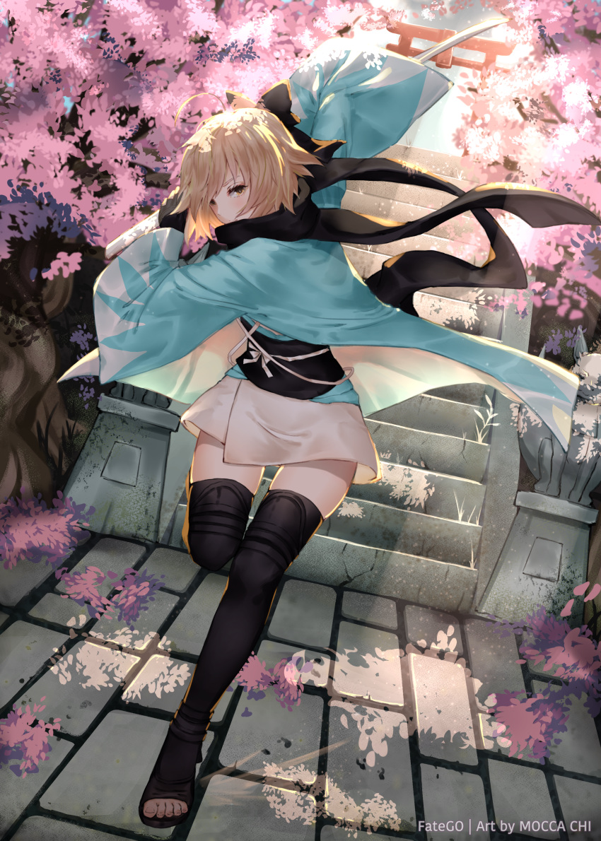 1girl absurdres ahoge artist_name bangs black_bow black_legwear blonde_hair boots bow charging_forward cherry_blossoms commentary_request copyright_name dutch_angle fate/grand_order fate_(series) full_body hair_bow hair_over_one_eye highres holding holding_sword holding_weapon huge_filesize inari incoming_attack japanese_clothes kimono koha-ace looking_at_viewer mocca_chi okita_souji_(fate) okita_souji_(fate)_(all) outdoors scarf short_hair short_kimono solo stairs statue stone_floor sword thigh-highs thigh_boots thigh_gap toeless_legwear toes torii tree watermark weapon wide_sleeves yellow_eyes