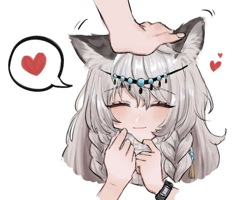 1girl animal_ear_fluff animal_ears arknights bangs braid closed_eyes cropped_shoulders english_commentary eyebrows_visible_through_hair grey_eyes grey_scarf hair_between_eyes hands_up head_chain heart kurisustinah leopard_ears leopard_girl long_hair motion_lines petting portrait pramanix_(arknights) scarf simple_background smile speech_bubble spoken_heart twin_braids watch watch white_background