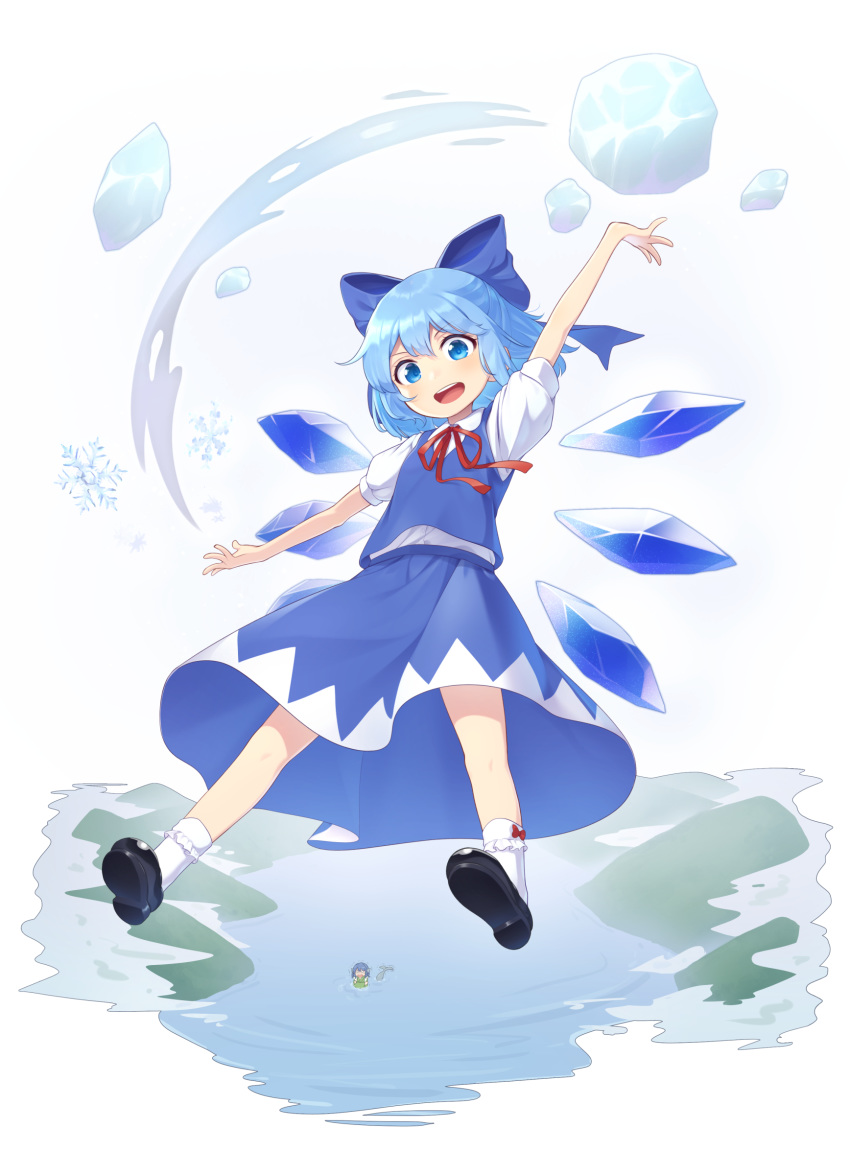 2girls absurdres arm_up black_footwear blue_bow blue_eyes blue_hair blue_skirt blue_vest bow cirno commentary detached_wings flying hair_bow highres ice ice_wings kanpa_(campagne_9) looking_at_viewer mary_janes misty_lake multiple_girls neck_ribbon open_mouth outstretched_arms red_bow red_neckwear ribbon shirt shoes short_hair short_sleeves skirt snowflakes touhou vest wakasagihime water white_legwear white_shirt wings
