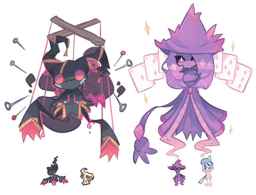 banette charamells creature full_body fusion gen_3_pokemon gen_4_pokemon gen_7_pokemon gen_8_pokemon hat hatterene looking_at_viewer mega_banette mega_pokemon mimikyu mismagius multiple_fusions needle no_humans pokemon pokemon_(creature) simple_background sparkle standing violet_eyes white_background witch_hat