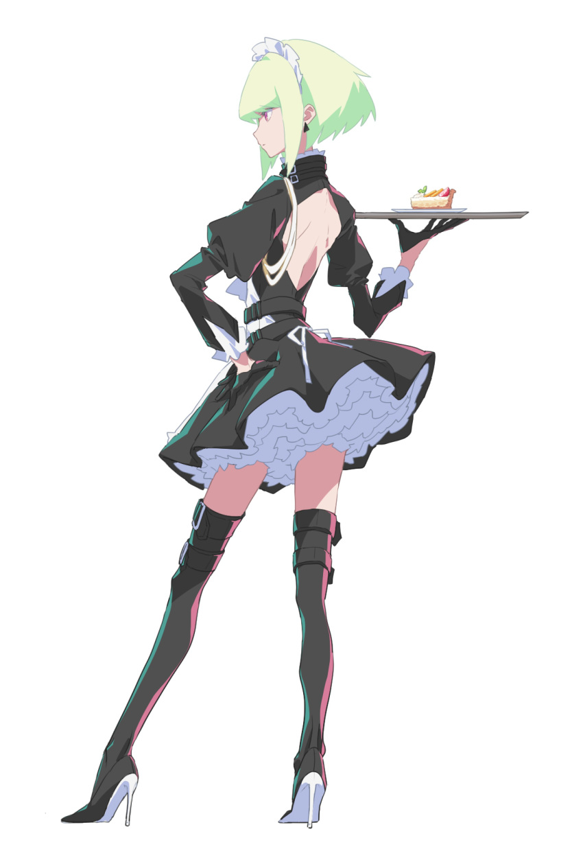 1boy adapted_costume alternate_costume back black_gloves black_jacket blonde_hair boots cake cravat crossdressinging enmaided food frilled_skirt frills gloves green_hair half_gloves hand_on_hip high_heel_boots high_heels highres jacket light_oooo lio_fotia maid male_focus otoko_no_ko petticoat promare ribbon short_hair skirt solo thigh-highs thigh_boots tray violet_eyes