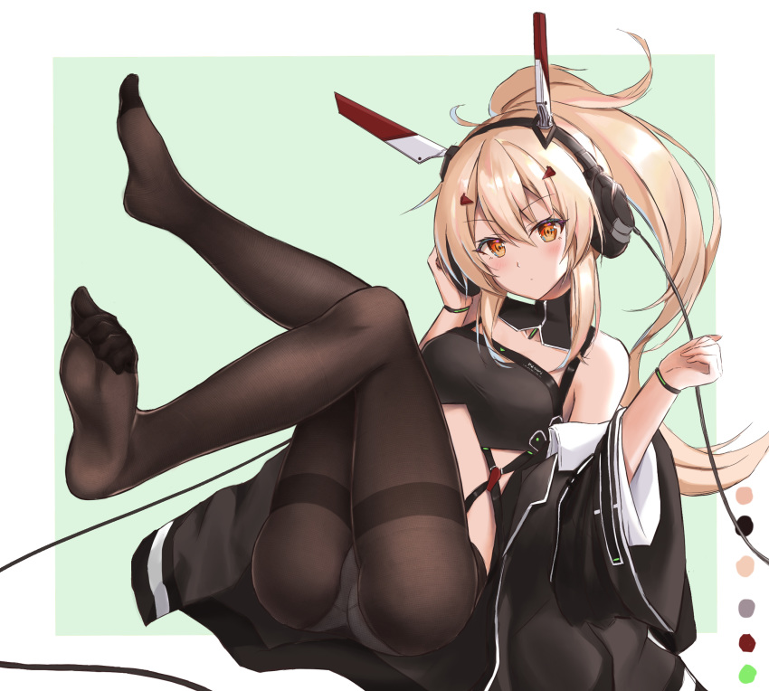 1girl adjusting_headphones ass ayanami_(azur_lane) ayanami_(rock'n_kijin)_(azur_lane) azur_lane bare_shoulders black_coat black_legwear blonde_hair blush color_guide commentary_request crop_top expressionless feet feet_up full_body hair_between_eyes hands_up headgear headphones highres knees_together_feet_apart leg_up legs long_hair looking_at_viewer midriff no_pants no_shoes off_shoulder panties panties_under_pantyhose pantyhose ponytail red_eyes resonancq retrofit_(azur_lane) solo thighs underwear very_long_hair white_panties wide_sleeves