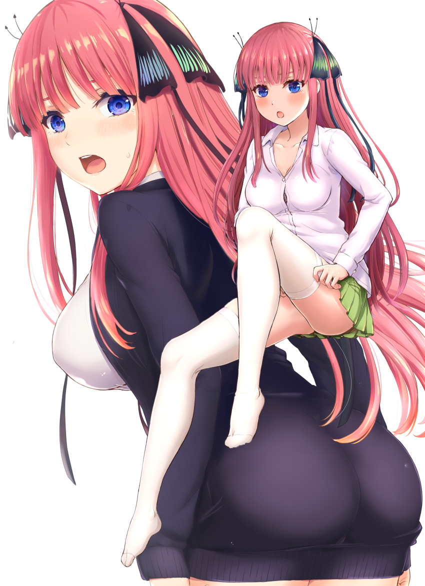 1girl :o absurdres ass bangs black_cardigan black_ribbon blunt_bangs blush bra bra_peek breasts butterfly_hair_ornament button_gap cardigan collarbone collared_shirt commentary_request convenient_leg covered_nipples cowboy_shot dressing eyebrows_behind_hair full_body go-toubun_no_hanayome green_skirt hair_ornament hair_ribbon highres holding_skirt inanaki_shiki knee_up large_breasts long_hair long_sleeves looking_at_viewer nakano_nino open_cardigan open_clothes pink_hair pleated_skirt ribbon shirt sidelocks simple_background sitting skirt sleeves_past_wrists solo table thigh-highs tongue two_side_up underwear undressing upper_teeth white_background white_legwear white_shirt zettai_ryouiki