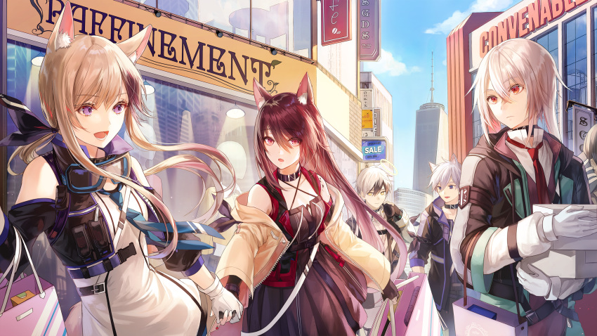 2girls 3boys :d adnachiel_(arknights) animal_ears ansel_(arknights) arknights bag bare_shoulders black_dress brown_hair building cardigan_(arknights) cat_ears choker cityscape clouds day dog_ears dress gloves highres holding_hands jacket kim_eb melantha_(arknights) multicolored_hair multiple_boys multiple_girls off_shoulder open_clothes open_jacket open_mouth outdoors purple_hair red_eyes shopping_bag short_hair shoulder_cutout silver_hair smile steward_(arknights) strap two-tone_hair vest violet_eyes white_dress white_gloves