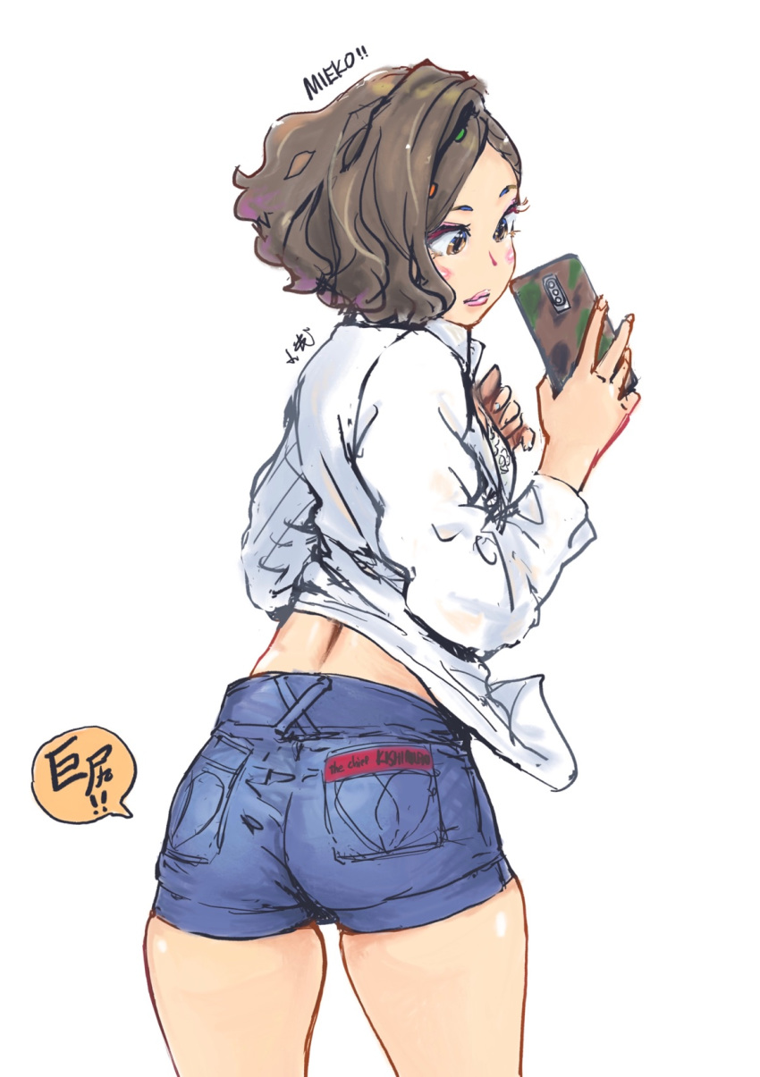 1girl blush carina_(xiaowoo) cellphone hair_ornament highres kishi_mieko lips onna_shunin_kishi_mieko phone shirt short_hair short_shorts shorts skindentation smartphone solo white_shirt