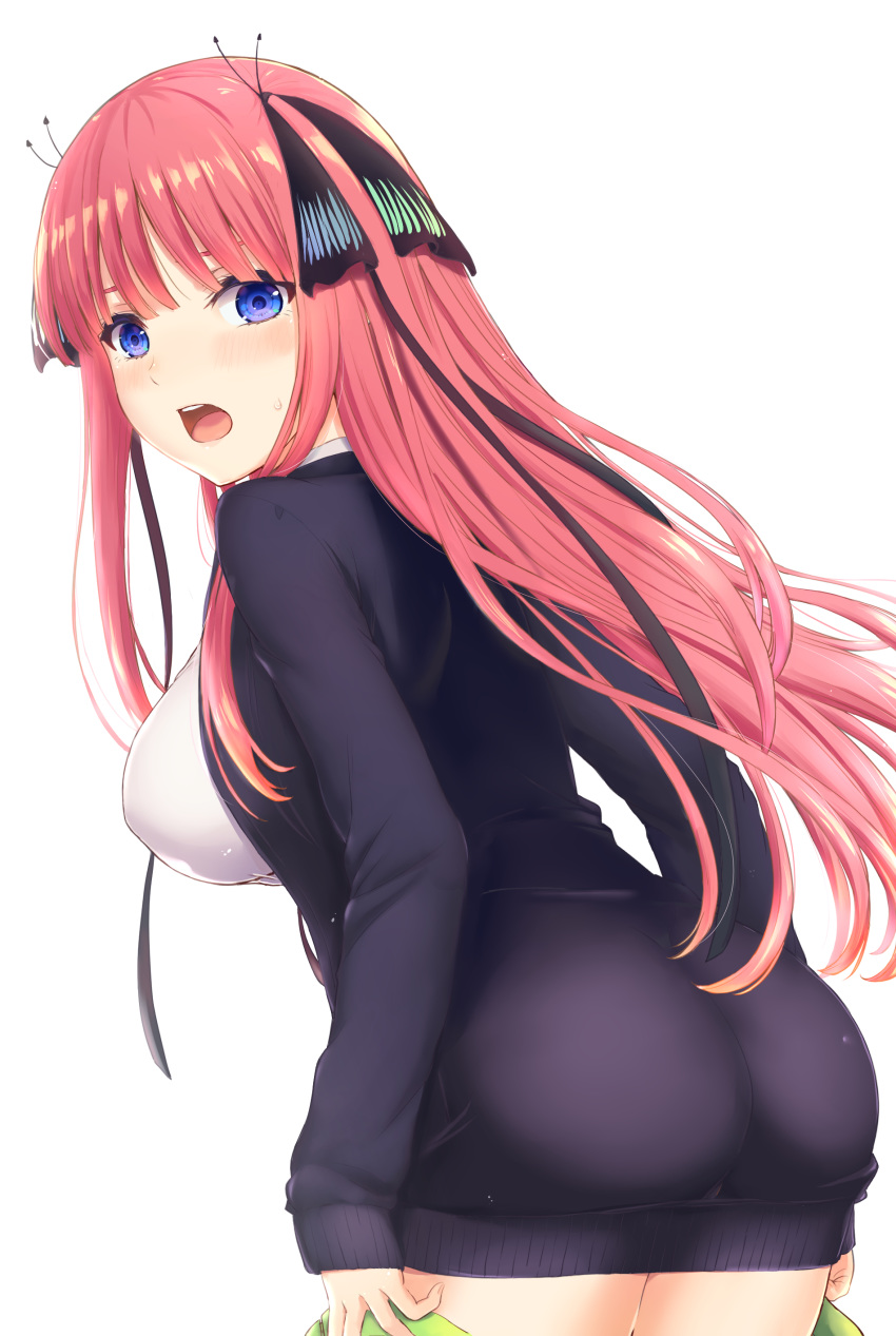 1girl :o absurdres ass bangs black_cardigan black_ribbon blunt_bangs blush breasts butterfly_hair_ornament cardigan commentary_request covered_nipples cowboy_shot eyebrows_behind_hair go-toubun_no_hanayome green_skirt hair_ornament hair_ribbon highres holding_skirt inanaki_shiki large_breasts long_hair long_sleeves looking_at_viewer nakano_nino open_cardigan open_clothes pink_hair ribbon shirt sidelocks simple_background skirt sleeves_past_wrists solo table tongue two_side_up undressing upper_teeth white_background white_shirt
