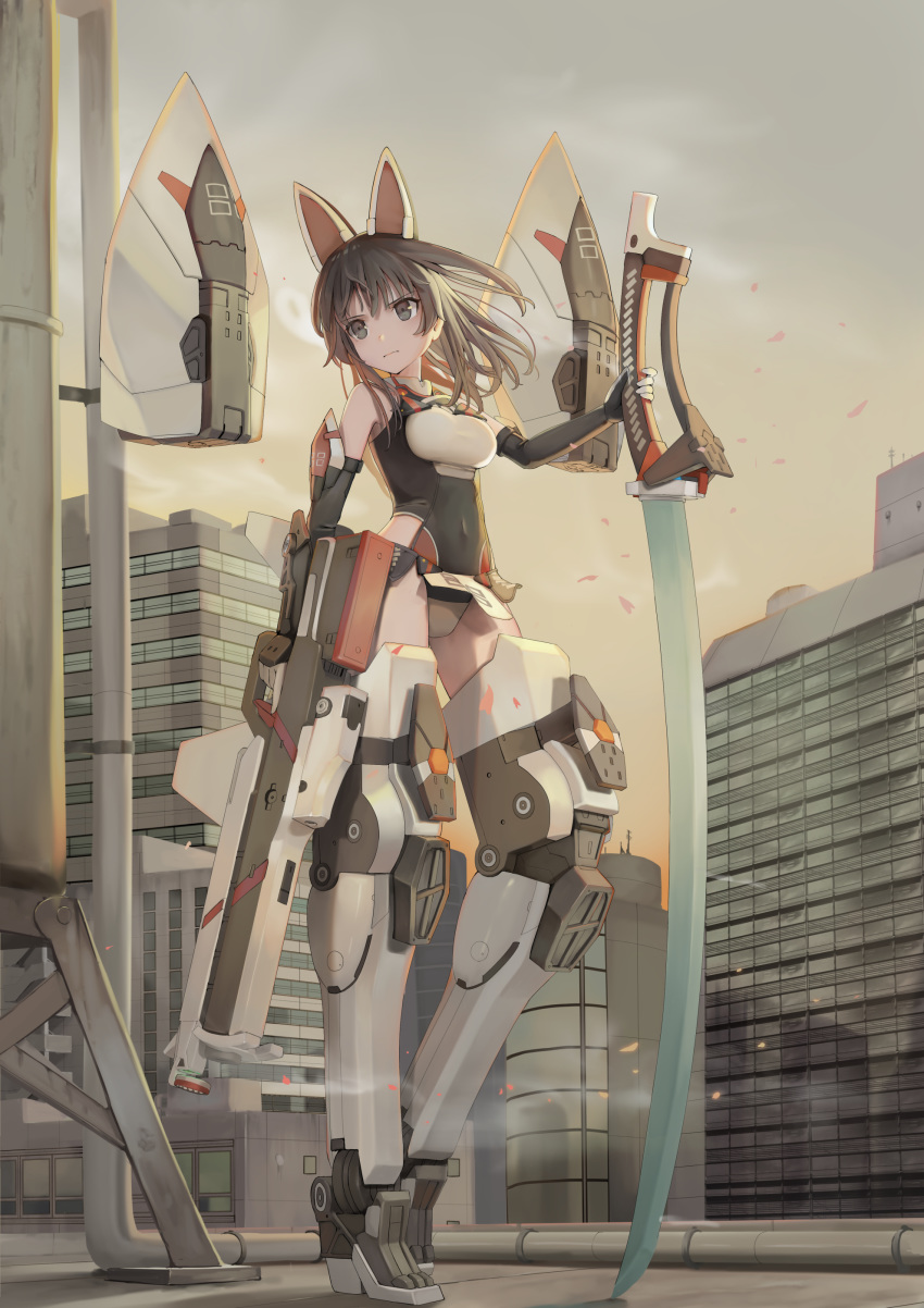 1girl absurdres agatsuma_kaede alice_gear_aegis bare_shoulders black_eyes black_hair building closed_mouth dual_wielding elbow_gloves eyebrows_visible_through_hair full_body gloves gun highres holding holding_gun holding_sword holding_weapon leotard mecha_musume pelvic_curtain solo sunga2usagi sword weapon