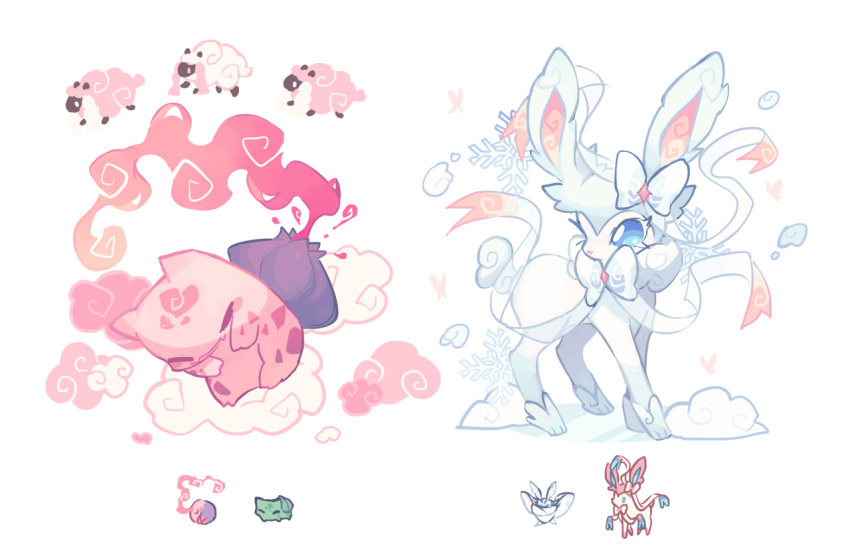 blue_eyes bulbasaur charamells closed_eyes clouds creature frosmoth full_body fusion gen_1_pokemon gen_5_pokemon gen_6_pokemon gen_8_pokemon multiple_fusions musharna no_humans pokemon pokemon_(creature) sheep simple_background sleeping snowflakes standing sylveon white_background wooloo
