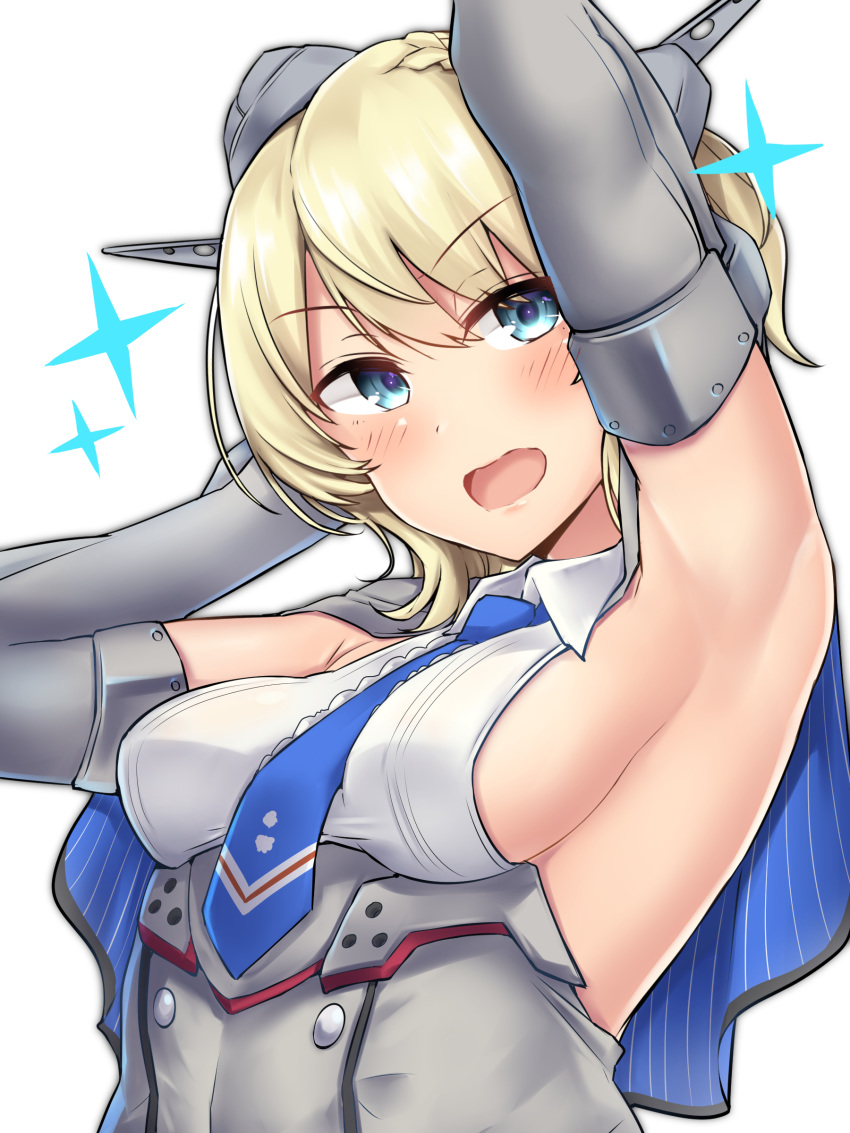 1girl absurdres armpits arms_up blonde_hair blue_eyes blue_neckwear breasts capelet colorado_(kantai_collection) dress garrison_cap grey_dress hat headgear highres kantai_collection kiritto looking_at_viewer necktie open_mouth pleated_dress shirt short_hair side_braids sideboob simple_background sleeveless solo sparkle white_background white_shirt