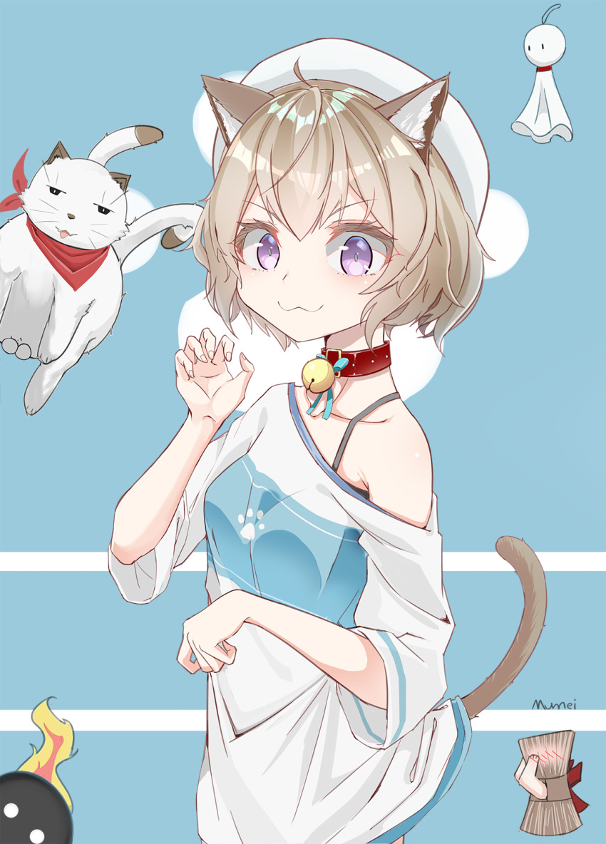 1girl animal_ears bell beret cat cat_ears cat_paw cat_tail collar hat highres iwanaga_kotoko kyokou_suiri light_brown_hair mumei_(1030578122) nekomusume off_shoulder paw_pose paw_print pet_collar short_hair tail violet_eyes youkai