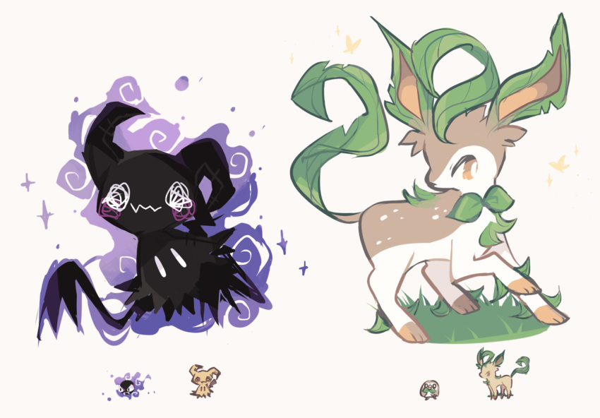 bird black_eyes brown_eyes charamells creature fangs full_body fusion gastly gen_1_pokemon gen_4_pokemon gen_7_pokemon ghost grass leafeon looking_at_viewer mimikyu multiple_fusions no_humans pokemon pokemon_(creature) rowlet simple_background sparkle standing white_background white_eyes