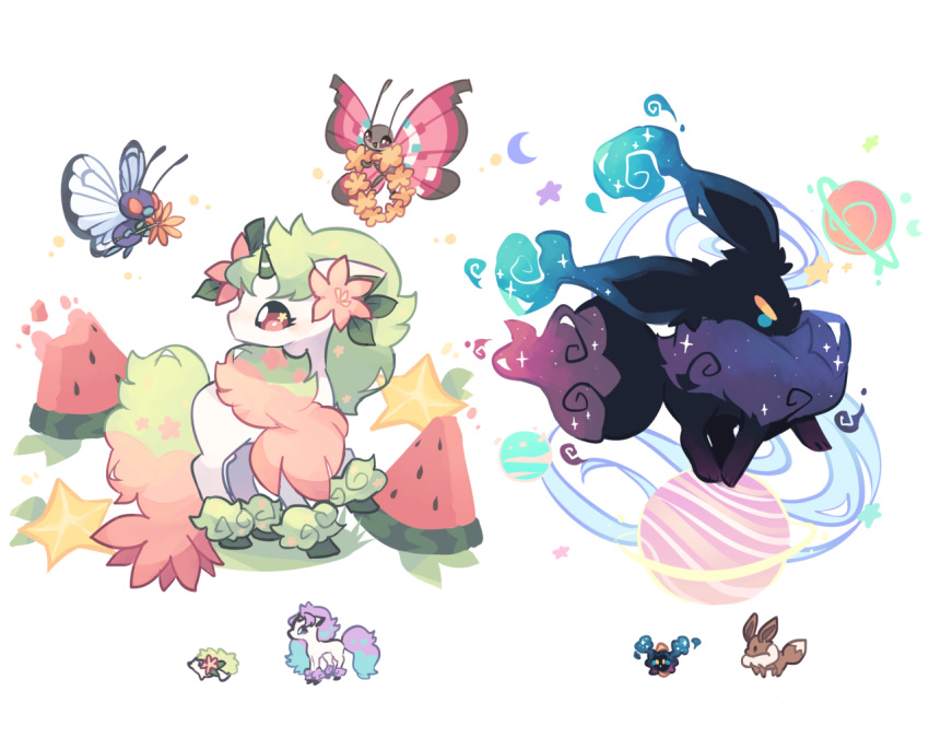 brown_eyes bug butterfly butterfree charamells cosmog creature eevee eye_contact flower flying food fruit full_body fusion galarian_form galarian_ponyta gen_1_pokemon gen_4_pokemon gen_6_pokemon gen_7_pokemon gen_8_pokemon holding holding_flower horn insect looking_at_another multiple_fusions no_humans pokemon pokemon_(creature) red_eyes shaymin shaymin_(land) simple_background standing unicorn vivillon vivillon_(meadow) watermelon white_background wreath yellow_eyes