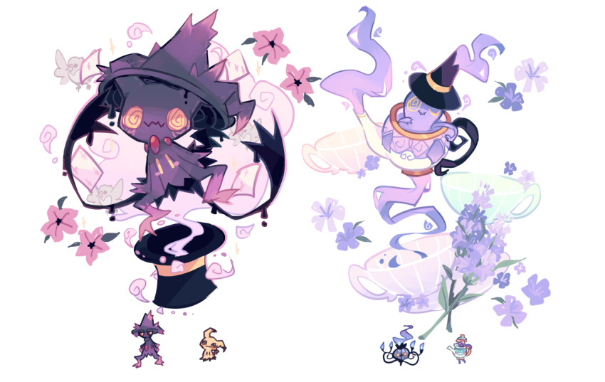 bird chandelure charamells creature flower full_body fusion gen_4_pokemon gen_5_pokemon gen_7_pokemon gen_8_pokemon hat looking_at_viewer mimikyu mismagius multiple_fusions no_humans pidove pokemon pokemon_(creature) polteageist simple_background smile teapot top_hat white_background witch_hat yellow_eyes