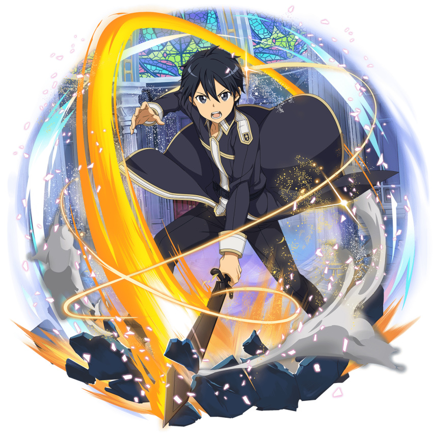 1boy black_coat black_eyes black_hair black_pants hair_between_eyes highres holding holding_sword holding_weapon kirito long_sleeves looking_at_viewer male_focus non-web_source official_art open_mouth pants shiny shiny_hair solo standing sword sword_art_online transparent_background v-shaped_eyebrows weapon