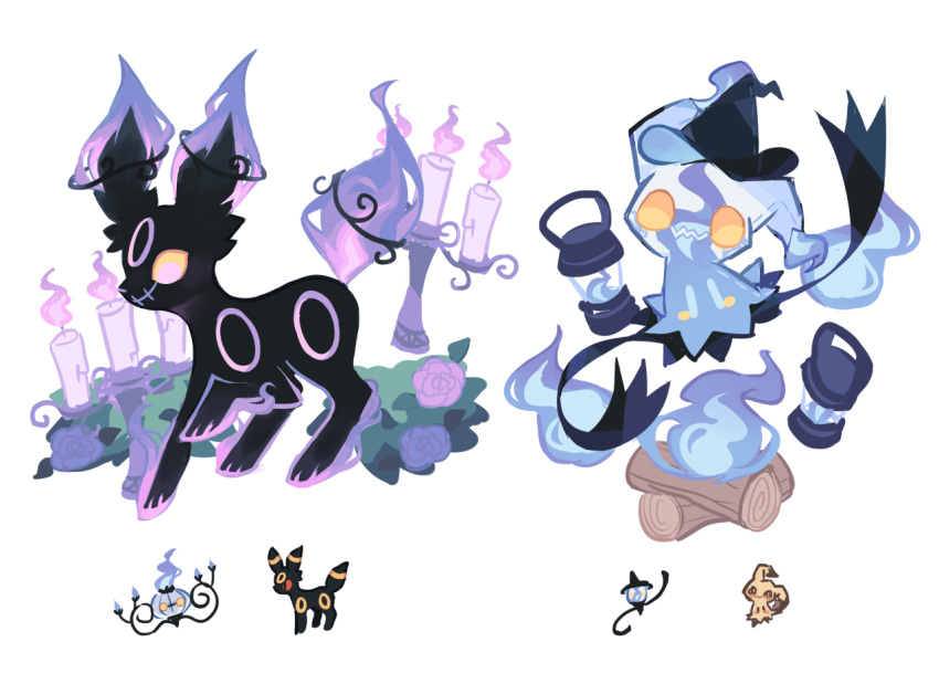 blue_fire candle chandelure charamells commentary creature english_commentary fire flame floating flower full_body fusion gen_2_pokemon gen_5_pokemon gen_7_pokemon hat lampent looking_at_another looking_at_viewer mimikyu multiple_fusions no_humans pokemon pokemon_(creature) purple_fire red_eyes rose simple_background standing umbreon white_background witch_hat wood yellow_eyes