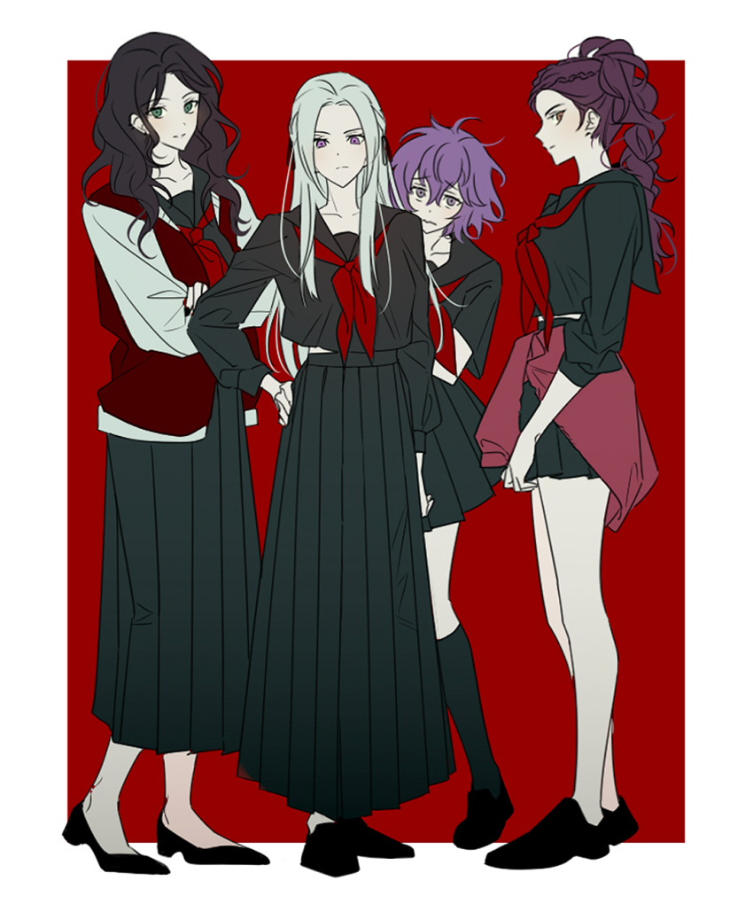 4girls alternate_costume bernadetta_von_varley brown_eyes brown_hair closed_mouth contemporary dorothea_arnault edelgard_von_hresvelg fire_emblem fire_emblem:_three_houses from_side green_eyes grey_eyes hiding high_heels highres long_hair long_skirt long_sleeves multiple_girls petra_macneary ponytail red_background school_uniform short_hair short_sleeves simple_background skirt violet_eyes vo1ez white_hair