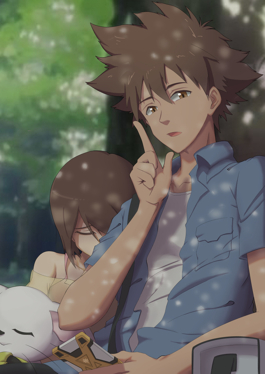 1boy absurdres brother_and_sister brown_eyes brown_hair chinese_commentary chongge_sama closed_eyes commentary_request digimon digimon_adventure digimon_adventure_tri. highres looking_at_viewer open_mouth short_hair siblings sleeping tailmon tree yagami_hikari yagami_taichi