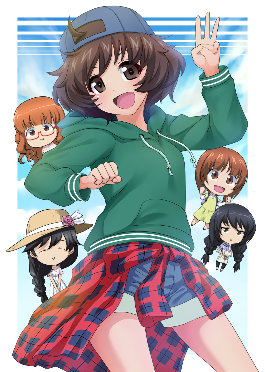 5girls :d :t absurdres akiyama_yukari alternate_hairstyle backwards_hat bangs baseball_cap black_eyes black_hair blue_headwear blue_shirt blue_shorts blunt_bangs braid brown_eyes brown_hair brown_headwear casual chibi cityscape clenched_hand clenched_hands closed_eyes closed_mouth clothes_around_waist clouds cloudy_sky copyright_name day denim denim_shorts drawstring dress excel_(shena) eyebrows_visible_through_hair flower girls_und_panzer glasses green_shirt hair_through_headwear hat hat_flower hat_ribbon highres hood hoodie isuzu_hana jacket jacket_around_waist long_hair long_sleeves looking_at_viewer messy_hair middle_w multiple_girls nishizumi_miho no_headwear open_mouth orange_eyes orange_hair outdoors outside_border overalls pink_dress pink_shirt pout red-framed_eyewear red_jacket reizei_mako ribbon semi-rimless_eyewear shirt short_hair short_over_long_sleeves short_shorts short_sleeves shorts silhouette single_braid sky smile standing sun_hat takebe_saori triangle_mouth twin_braids twintails under-rim_eyewear w white_ribbon white_shirt yellow_dress