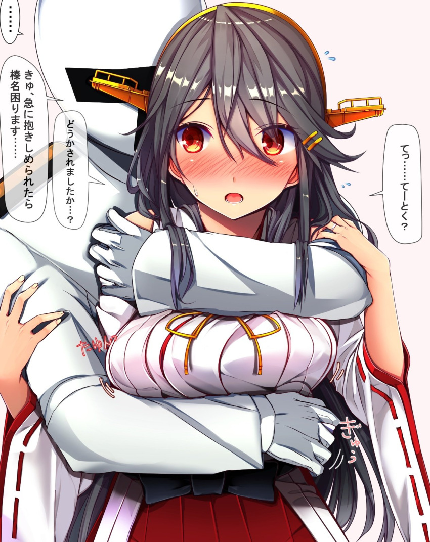 1girl admiral_(kantai_collection) bare_shoulders blush breasts brown_eyes detached_sleeves flying_sweatdrops gloves grey_hair hair_ornament hairband hairclip haruna_(kantai_collection) headgear highres hug jacket japanese_clothes jewelry kantai_collection large_breasts long_hair looking_at_viewer nontraditional_miko open_mouth remodel_(kantai_collection) ring sweatdrop translation_request tsukui_kachou wedding_band