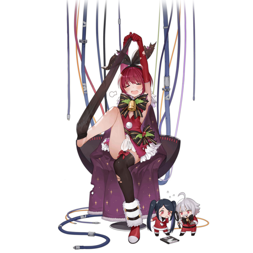 3girls ahoge bell black_hair black_legwear blush blush_stickers bow chair character_doll christmas closed_eyes damaged dana_zane dorothy_haze elbow_gloves eyebrows_visible_through_hair facing_viewer fake_facial_hair fake_mustache floppy_disk full_body girls_frontline gloves haijin high_heels highres holding_magnifying_glass jill_stingray long_hair looking_away magnifying_glass multiple_girls official_art open_mouth pipe pipe_in_mouth red_bow red_eyes red_footwear red_gloves redhead removing_legwear short_hair sitting thigh-highs torn_clothes torn_gloves torn_legwear transparent_background twintails va-11_hall-a white_hair wire