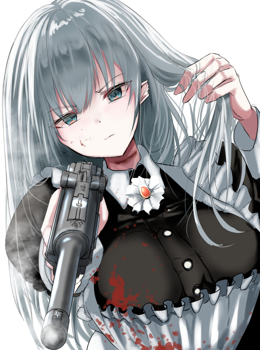 &gt;:( 1girl apron bangs blood blood_on_face bloodshot_eyes bloody_clothes blue_eyes breasts check_commentary commentary_request cuts disdain dutch_angle elf eyebrows_visible_through_hair gun hair_tucking handgun head_tilt highres holding holding_gun holding_weapon injury long_hair long_sleeves looking_at_viewer luger_p08 maid maid_apron notched_ear original pointy_ears scowl silver_hair simple_background smoke smoking_gun solo stitches take_(trude1945oneetyan) upper_body v-shaped_eyebrows weapon white_background
