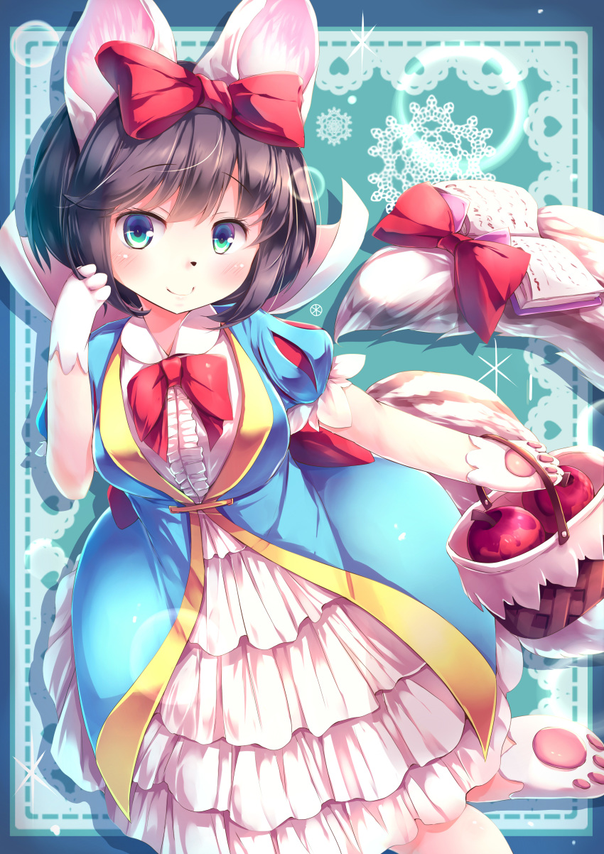 1girl absurdres animal_ears apple bangs basket black_hair blue_border blue_dress blue_eyes blush book border bow bowtie breasts center_frills collared_dress commentary_request cowboy_shot dress drop_shadow duel_monster eyebrows_visible_through_hair fairy_tail_snow food frilled_dress frills fruit hair_bow hand_in_hair highres holding holding_basket kanzakietc large_breasts lens_flare looking_at_viewer open_book paws puffy_short_sleeves puffy_sleeves red_bow red_neckwear short_hair short_sleeves sidelocks smile snout solo sparkle squirrel_ears squirrel_girl squirrel_tail standing standing_on_one_leg tail tail_bow white_dress yuu-gi-ou