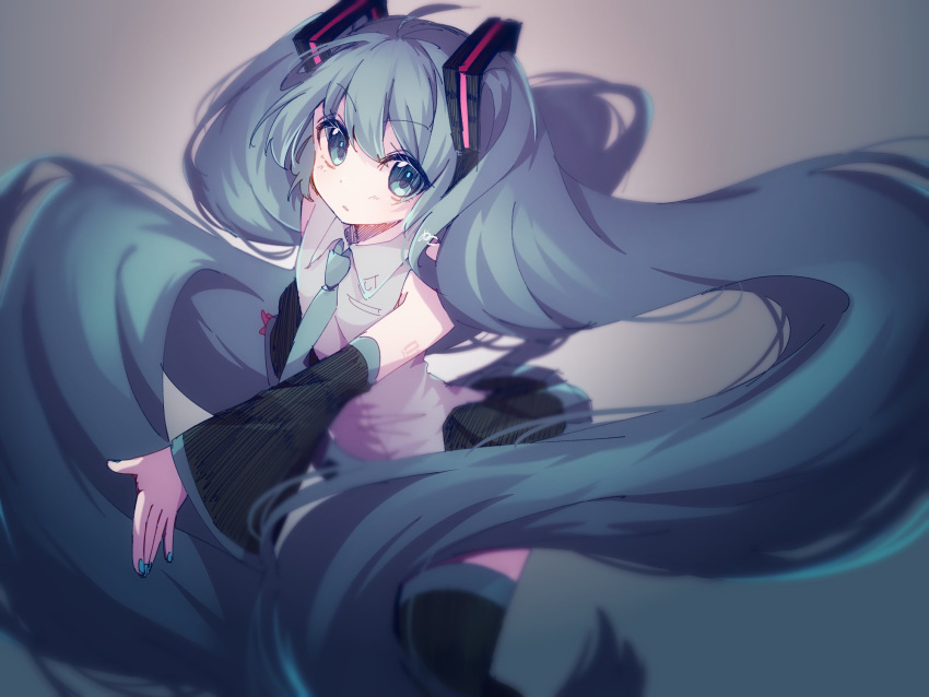 1girl absurdly_long_hair aqua_eyes aqua_hair aqua_nails aqua_neckwear bare_shoulders black_legwear black_skirt black_sleeves blurry commentary depth_of_field detached_sleeves expressionless feet_out_of_frame floating_hair grey_shirt hair_ornament hatsune_miku headphones highres long_hair looking_at_viewer nail_polish necktie nuko_0108 outstretched_arm shirt shoulder_tattoo signature skirt sleeveless sleeveless_shirt solo tattoo thigh-highs twintails very_long_hair vignetting vocaloid zettai_ryouiki