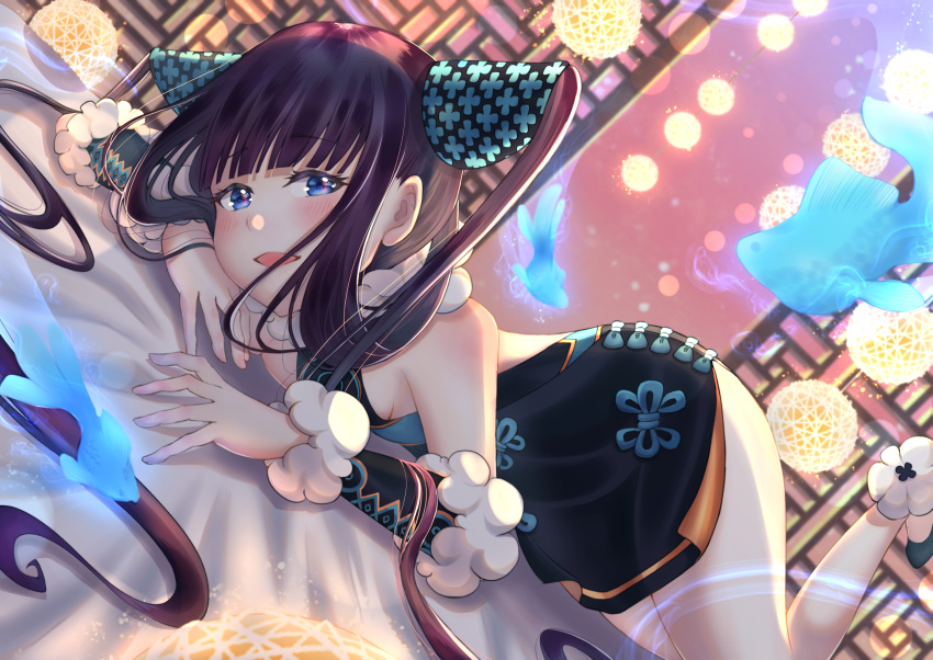 1girl absurdres backless_dress backless_outfit bangs bare_shoulders black_dress blue_eyes blunt_bangs blush breast_press breasts china_dress chinese_clothes detached_sleeves dress fate/grand_order fate_(series) fish foot_up hair_ornament highres huge_filesize long_hair looking_at_viewer lying medium_breasts on_stomach open_mouth purple_hair side_slit sidelocks smile solo thighs tobi_(pixiv41237754) twintails very_long_hair yang_guifei_(fate/grand_order)