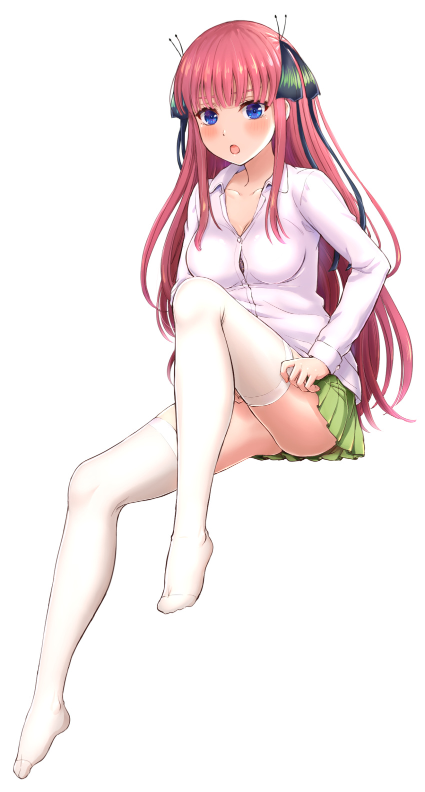 1girl :o absurdres ass bangs black_ribbon blunt_bangs blush bra bra_peek breasts butterfly_hair_ornament button_gap collarbone collared_shirt commentary_request convenient_leg dressing eyebrows_behind_hair full_body go-toubun_no_hanayome green_skirt hair_ornament hair_ribbon highres inanaki_shiki knee_up large_breasts long_hair long_sleeves looking_at_viewer nakano_nino pink_hair pleated_skirt ribbon shirt sidelocks simple_background sitting skirt solo thigh-highs two_side_up underwear white_background white_legwear white_shirt zettai_ryouiki