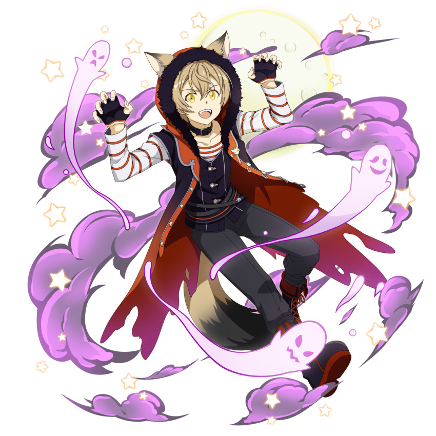 1boy :d alternate_eye_color animal_ears black_gloves black_pants blonde_hair boots coat eugeo fangs fingerless_gloves full_body full_moon gloves halloween halloween_costume highres long_sleeves looking_at_viewer male_focus moon non-web_source official_art open_mouth pants shiny shiny_hair shirt short_hair smile solo striped striped_shirt sword_art_online transparent_background werewolf white_shirt wolf_ears yellow_eyes