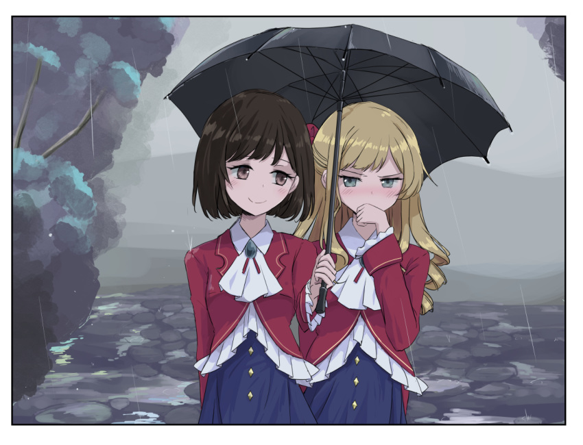 2girls black_hair black_umbrella blonde_hair blush bow brooch claire_francois cravat drill_hair hair_bow hand_on_another's_shoulder hand_up jewelry krill55 long_hair long_sleeves looking_at_another multiple_girls outdoors overcast rain red_bow rei_taylor short_hair standing umbrella watashi_no_oshi_wa_akuyaku_reijou yuri