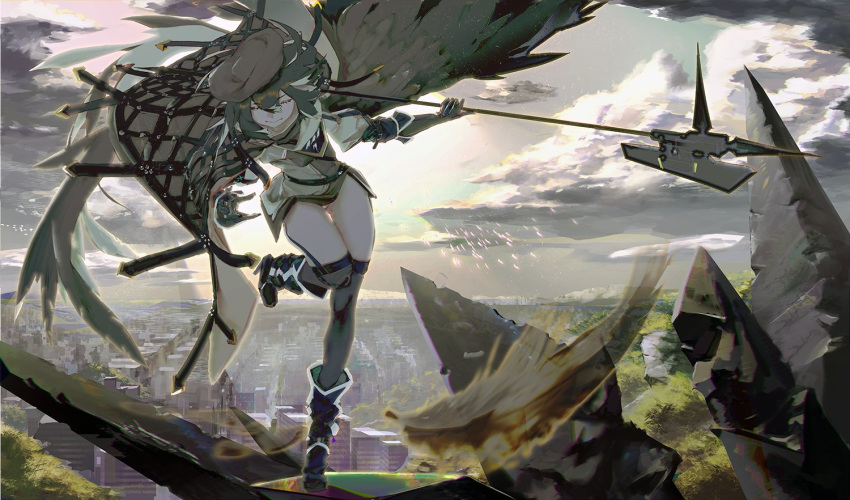arknights backlighting bangs beret boots cityscape cloak closed_eyes clouds dress duplicate eyelashes feathers foliage gloves halberd hat looking_down originium_(arknights) panties plume_(arknights) polearm rock short_dress short_hair sparks standing standing_on_one_leg sunlight thigh-highs tok underwear weapon wings