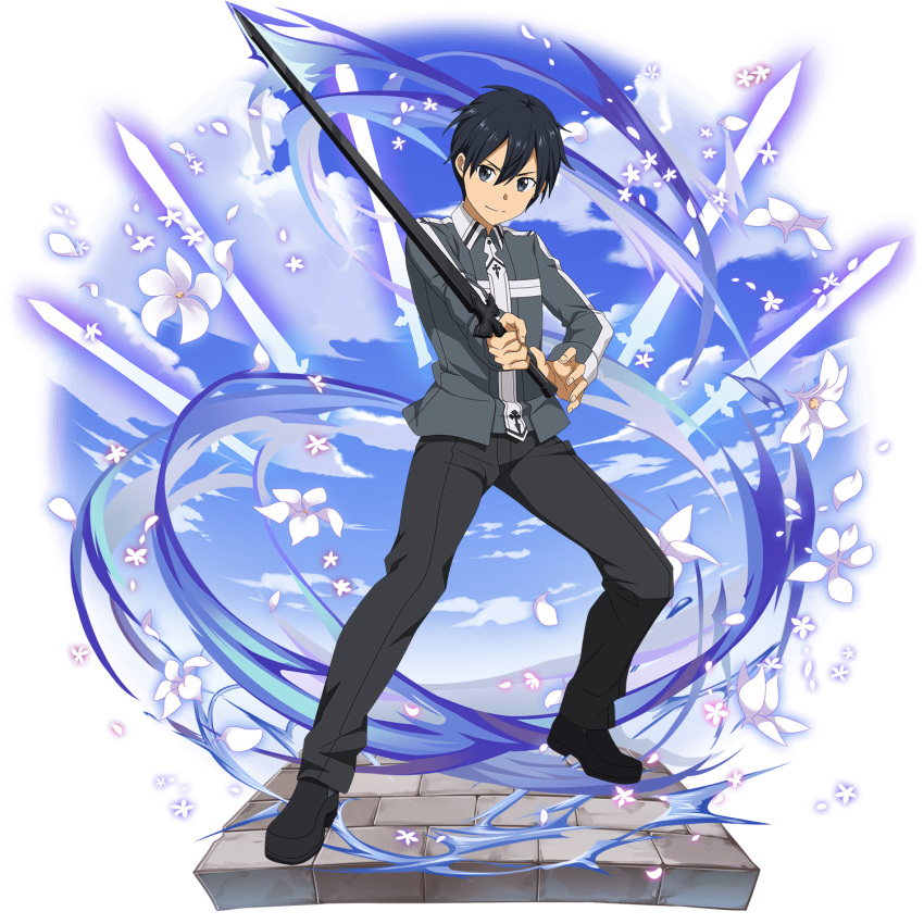 1boy bangs black_eyes black_hair black_pants closed_mouth flower grey_jacket hair_between_eyes highres holding holding_sword holding_weapon jacket kirito long_sleeves looking_at_viewer male_focus non-web_source official_art pants shiny shiny_hair smile solo sword sword_art_online transparent_background uniform weapon white_flower