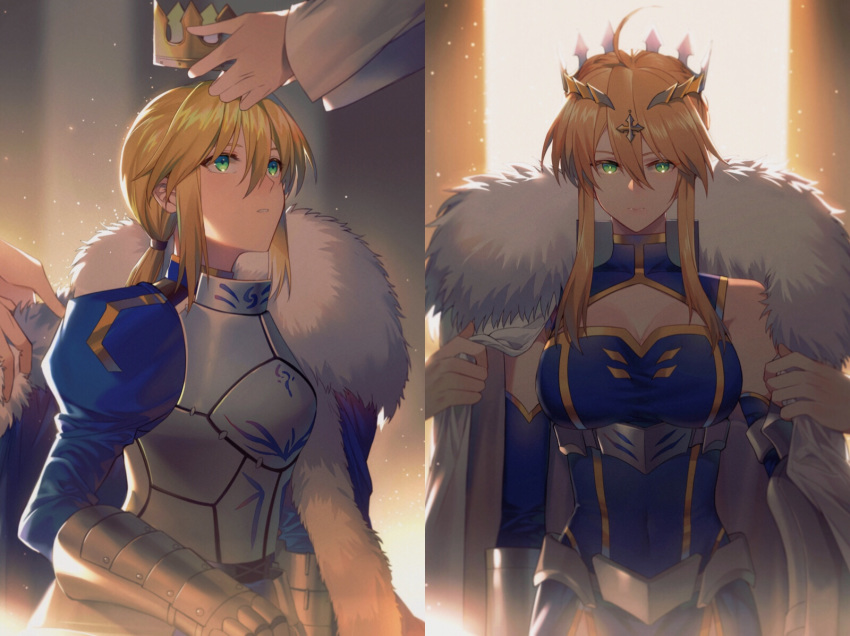 1girl ahoge armor armored_dress artoria_pendragon_(all) artoria_pendragon_(lancer) bangs blonde_hair blue_cape blue_dress blue_gloves blue_leotard braid breasts cape closed_mouth commentary cowboy_shot crown dress dressing_another fate/grand_order fate/stay_night fate_(series) faulds french_braid fur-trimmed_cape fur_trim gauntlets gloves green_eyes hair_between_eyes highres holding_crown juliet_sleeves large_breasts leotard light_particles long_sleeves looking_at_another looking_away low_ponytail multiple_views orange_background out_of_frame parted_lips ponytail puffy_sleeves putting_on_headwear saber sidelocks solo_focus swept_bangs two-tone_background upper_body yellow_background yorukun